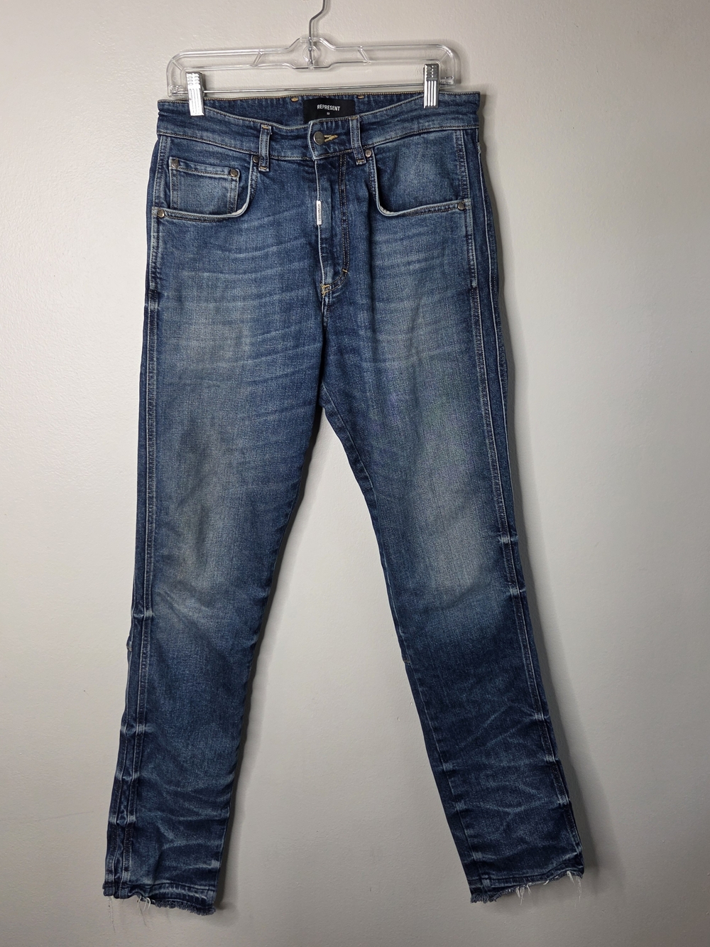 Represent Men's Vintage Blue Washed Straight Leg Raw Hem Jeans